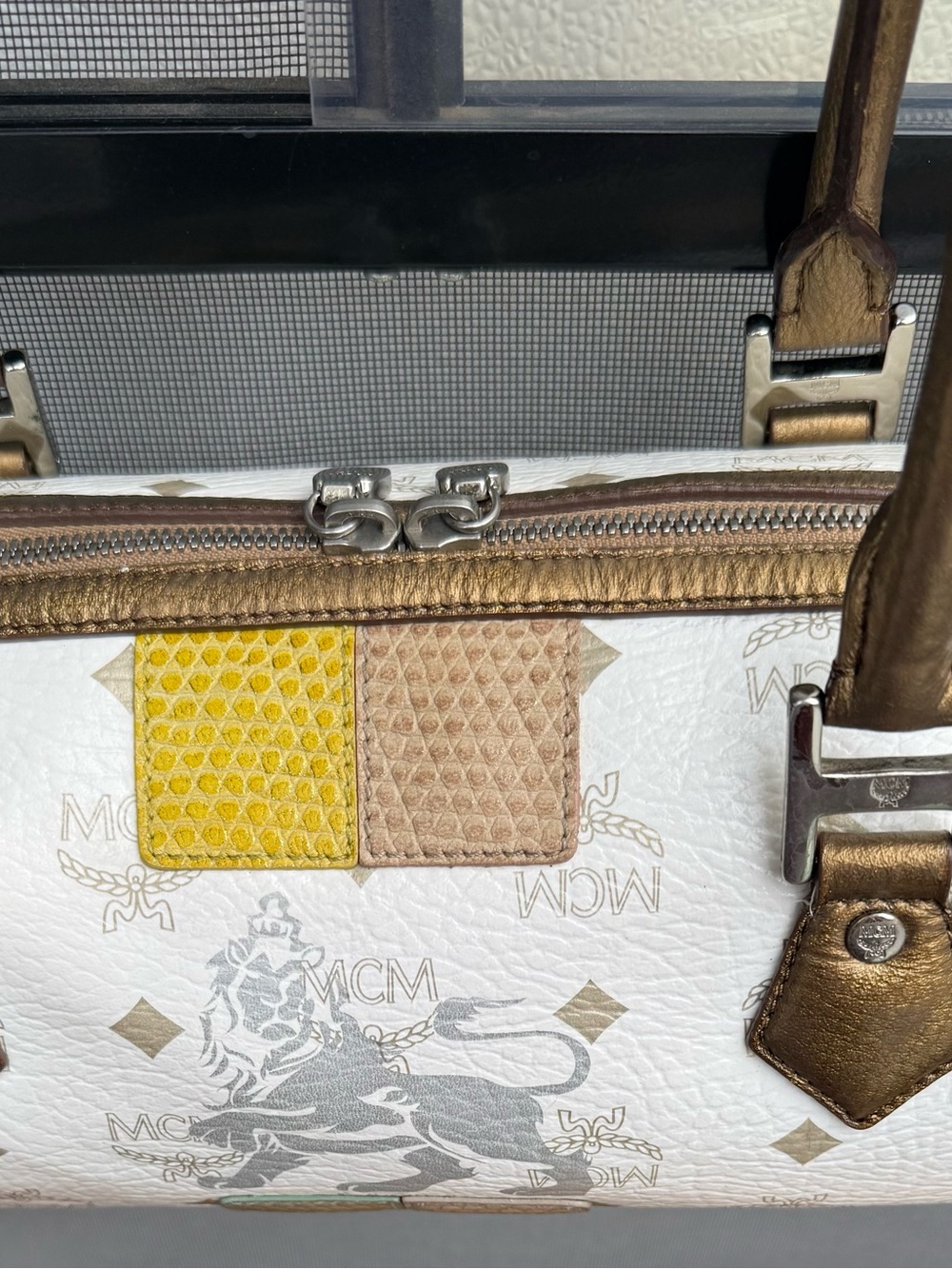 MCM Visetos White Leather Lion Princess Limited Edition Barrel Bag, Gold Handles